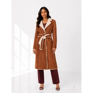 OOF‎ 1950 Reversible Faux Suede Shearling Longline Coat Brown Cream NWT L IT 46